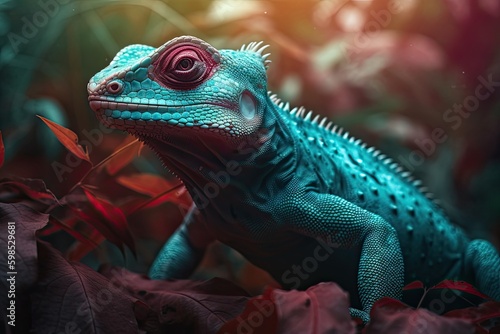 Portrait of Incredibly cute colorful chameleon lizard. Exotic wild lizard or reptile. Generative AI