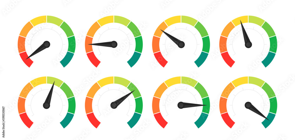 Set of speed performance gauges. Gas tank gauge. Oil level bar. Risk meter. Satisfaction meter. Speedometer scale. Set of gauges from low to high. Speed Logo. Speedometer. Vector illustration Set of speed performance gauges. Gas tank gauge. Oil level bar. Risk meter. Satisfaction meter. Speedometer scale. Set of gauges from low to high. Speed Logo. Speedometer. Vector illustration