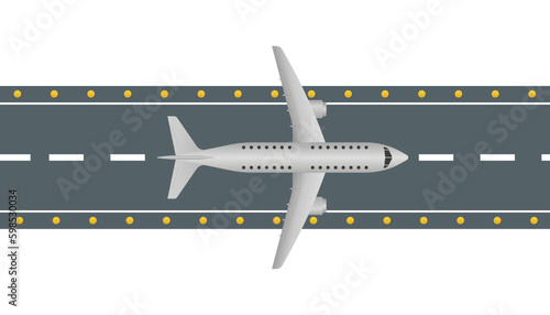 Airplane and airport elements in top view. Airplane on a runway. Travel concept in flat style. Vector illustration