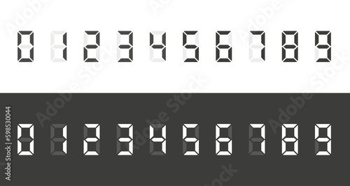 Calculator digital numbers. Digital clock number. Set black and white electronic figures. Counter, clock, calculator mockup. Led digit set. Electronic figure. Vector illustration
