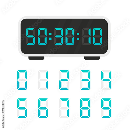 Digital clock numbers. Flat electronic clock screen, modern white alarm time display, timer font with hours, minutes and seconds. Countdown timer. Interface for electronic devices. Vector illustration