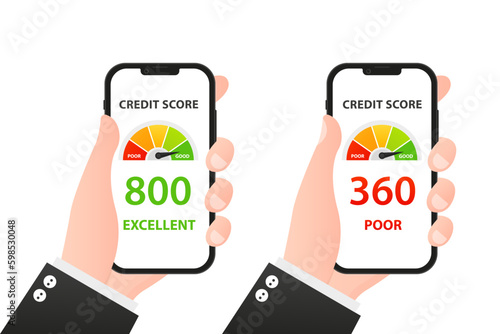 Bad and good credit score online on smartphone Vector illustration, flat cartoon mobile phone with credit history document, mobile phone with personal financial rating data. Vector illustration