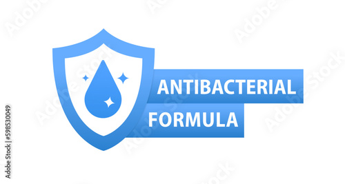 Horizontal stamp with antibacterial formula - shield with crossed bacteria inside - vector isolated sign for antiseptic cosmetics and medical pharmaceutical products. Vector illustration