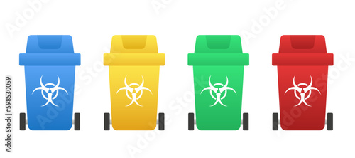Tank for collecting radioactive waste. Radioactive disgrace sign. Toxic, nuclear fuel in yellow barrel symbol. Colored flat design. Radiation pollution danger sign. Vector illustration