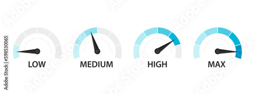 Set of speed performance gauges. Gas tank gauge. Oil level bar. Risk meter. Satisfaction meter. Speedometer scale. Set of gauges from low to high. Speed Logo. Speedometer. Vector illustration