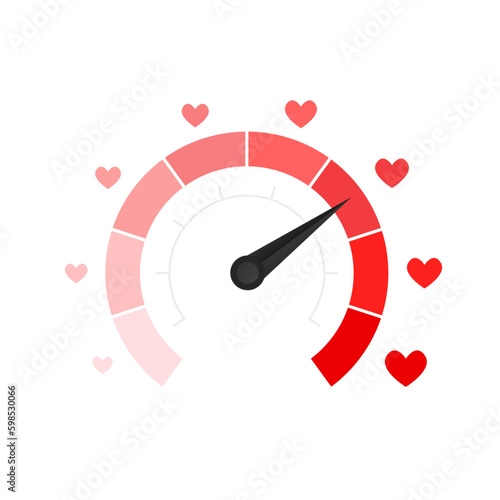 Love meter heart indicator. Love day full test valentine background card progress. Speed Logo. Meter of love. Speedometer with measure feelings and romance. Vector illustration