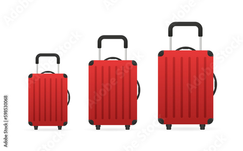 Travel suitcase with wheels. A set of suitcases from small to large. Red luggage icon for trip, tourism, voyage or summer vacation. Artistic design of a traveler's luggage. Vector illustration