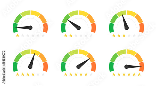 Speedometer, gauge meter icons with stars. Scales, level of performance. Green and red, low and high barometers, dashboard with arrows. Infographic of risk, gauge, score. Vector illustration