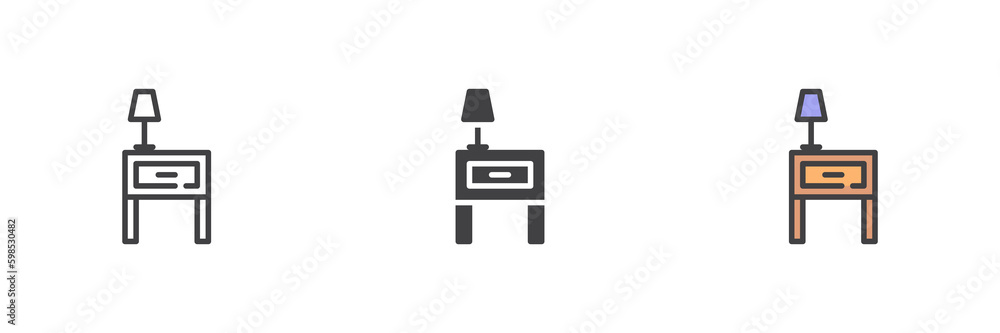 Bedside table with lamp different style icon set Bedside table with lamp different style icon set