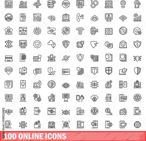 100 online icons set. Outline illustration of 100 online icons vector set isolated on white background
