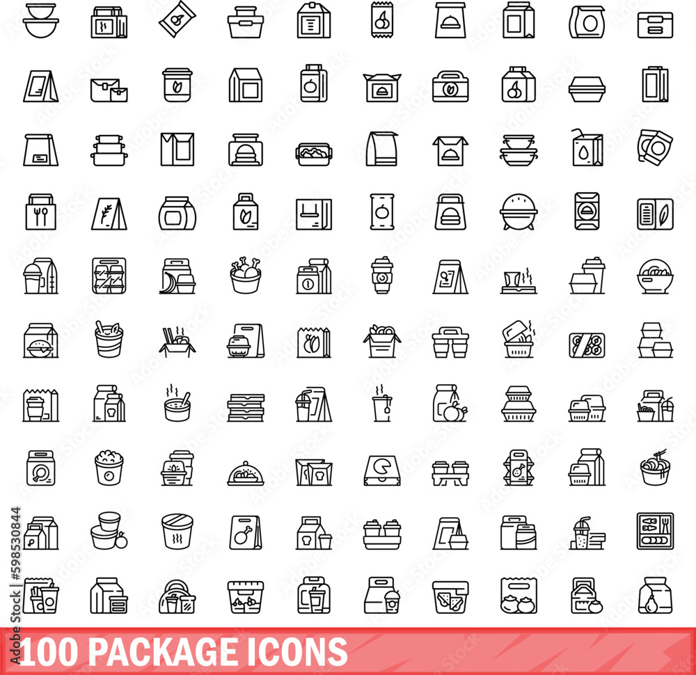 100 package icons set. Outline illustration of 100 package icons vector set isolated on white background 100 package icons set. Outline illustration of 100 package icons vector set isolated on white background