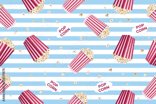 Seamless pattern with striped popcorn box, popcorn grains. Movie junk food. Vector illustration Generative AI