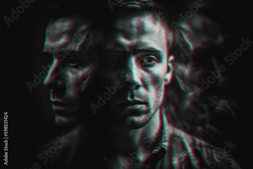 Portrait of schizophrenic man with mental disorders and paranoia in depression. Black and white with 3D glitch effect. Generative AI © alexkoral