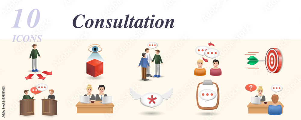 Consultation set. Creative icons: opportunity, opinion, mediator, opinion exchange, meeting target, debate, colleagues, argument, speech, interview.