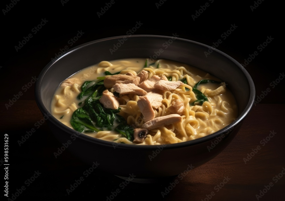 bowl of creamy chicken Ramen with noodles, spinach, and bamboo shoots bowl of creamy chicken Ramen with noodles, spinach, and bamboo shoots