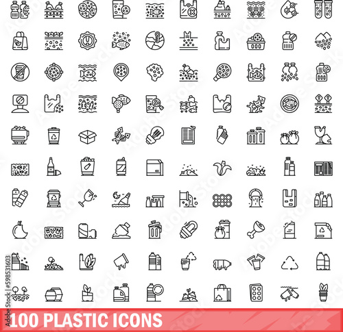100 plastic icons set. Outline illustration of 100 plastic icons vector set isolated on white background