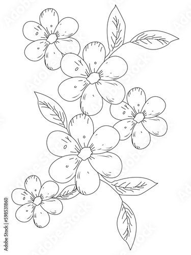Coloring book page for adult and kids. Cute doodle composition with abstract flowers and leaves © ID: #1989409