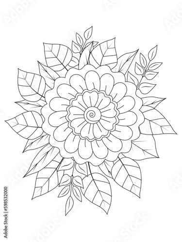 Coloring book page for adult and kids. Cute doodle composition with abstract flowers and leaves