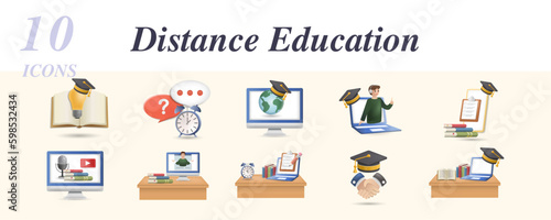 Distance education set. Creative icons: knowledge, quiz, distance education, learning support, mobile learning, blended learning, distance teacher, distance exam, future profession, e-learning.