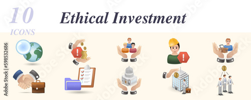 Ethical investment set. Creative icons  transparency  corruption  human rights  child labour  customer and product responsibility  compliance  boars independence  executive compensation.
