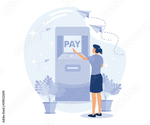 Brick and mortar bank concept, self-service terminal,  bill payments, financial services, flat vector modern illustration