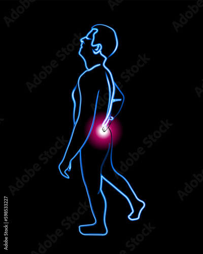 Vector isolated back pain with neon effect. The man is holding his back. At the doctor's appointment. Diagnosis of back diseases. Lower back pain.