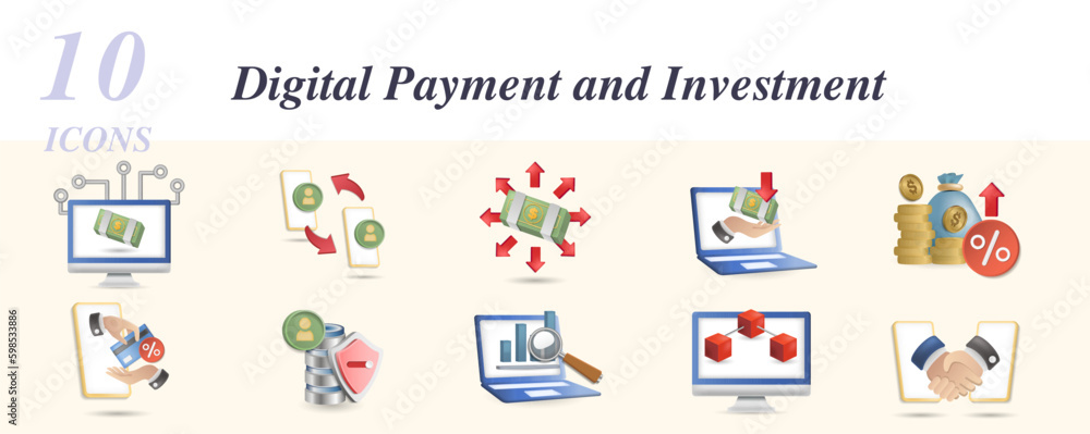 Digital payment and investment set. Creative icons: crowdfunding platform, peer to peer, financial inclusion, payment gateway, tax regulation, personal data protection, digital monitoring, digital
