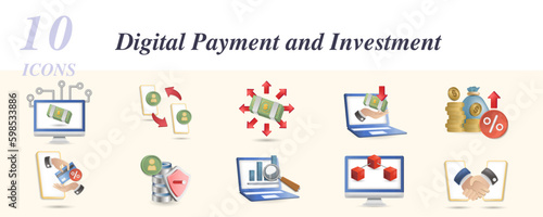 Digital payment and investment set. Creative icons: crowdfunding platform, peer to peer, financial inclusion, payment gateway, tax regulation, personal data protection, digital monitoring, digital