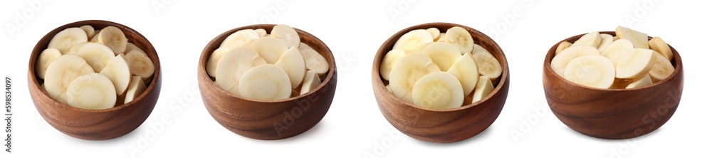 Set with cut parsnip in bowls on white background