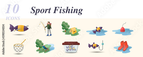 Sport fishing set. Creative icons: spearfishing, tent, fish, float, landing net, folding chair, fishing bag, fish on hook, boots.