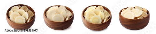 Set with cut parsnip in bowls on white background