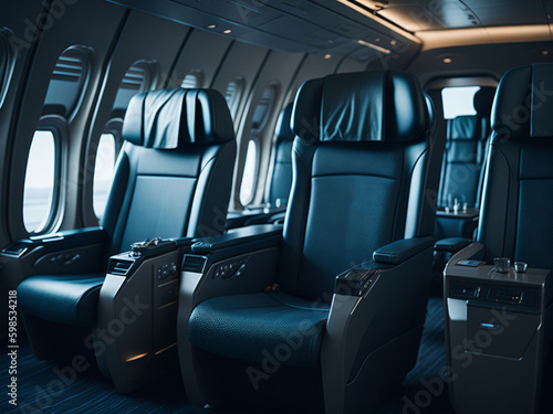 The interior of the plane business class with luxurious seats. AI generated.