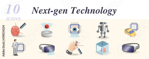 Next-gen technology set. Creative icons: optogenetics, holographic, bionic eye, hi-tech toys, driverless car, exoskeleton suit, virtual reality, prosthetics, 3d printing, virtual reality.