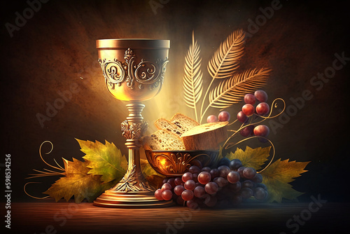 Holy communion on wooden table on church.The Feast of Corpus Christi Concept. Generative AI.