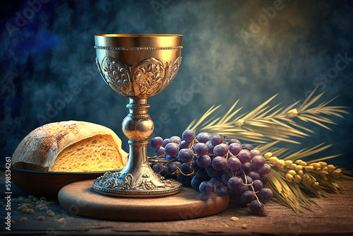 Holy communion on wooden table on church.The Feast of Corpus Christi Concept. Generative AI.
