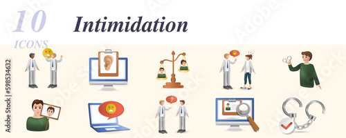 Intimidation set. Creative icons: rumors, discredit, threats, punishing, impersonate, cyber bullying, identify, liberty.