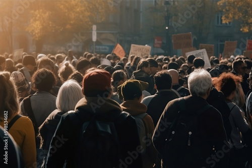 Back of people in large protest crowd. 