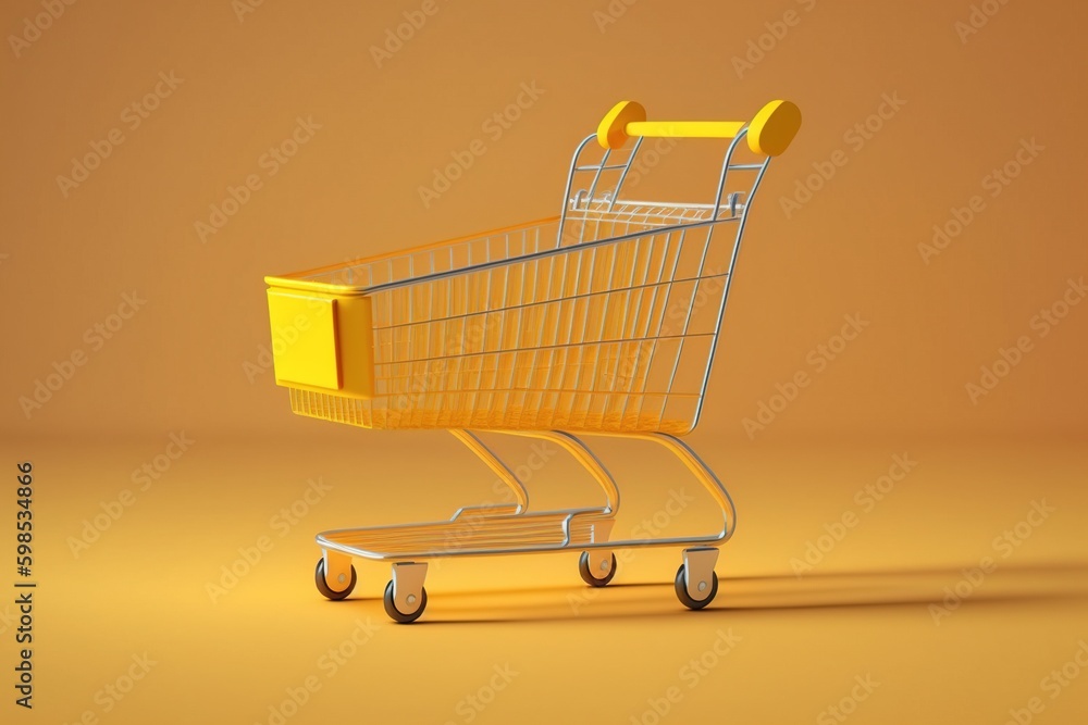 Shopping cart 3d render on yellow background