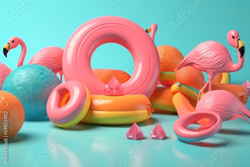 Abstract summer  travel and vacation concept. Various summer objects in 3D style. Flamingo  inflatable water wheel  fruits in clean background. Generative AI