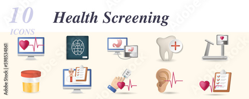 Health screening set. Creative icons: x-ray, ultrasound, dental, stress test, urine examination, online check, vital sign, audiogram, health check.