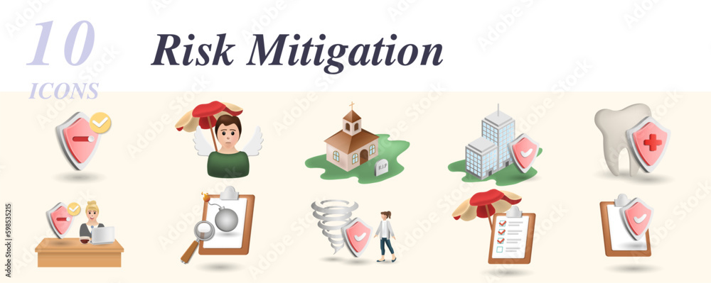 Risk mitigation set. Creative icons: protection, child insurance, funeral, insurance company, dental insurance, risk evaluation, tornado insurance, insurance audit, insurance policy.
