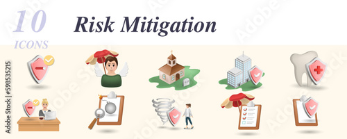 Risk mitigation set. Creative icons: protection, child insurance, funeral, insurance company, dental insurance, risk evaluation, tornado insurance, insurance audit, insurance policy.