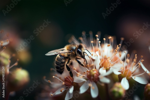 Honey bee with flowers. Generative AI illustration