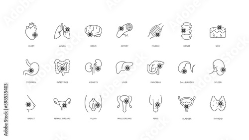 Outline style health care ui icons collection. Vector black linear illustration set. Disease and problem exclamation point symbol. Human organ and body parts isolated. Design element for healthcare