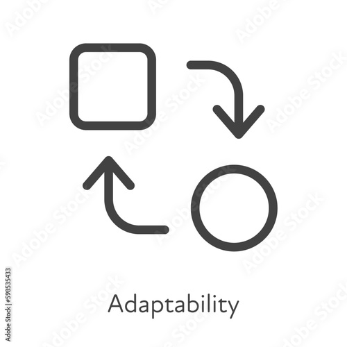 Outline style ui icons soft skill for business collection. Vector black linear illustration. Adaptability. Square and circle with arrow adapt symbol isolated. Design for corporate training