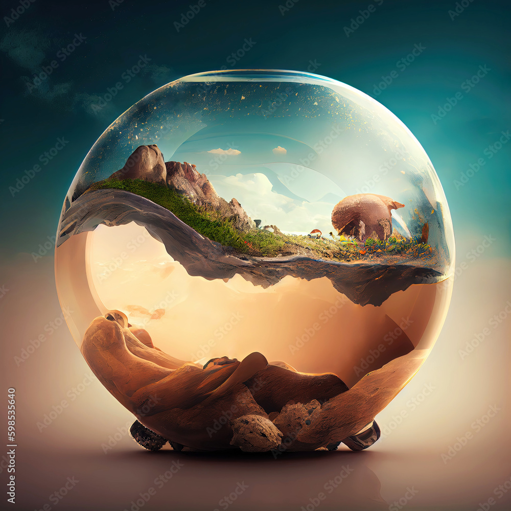 Fototapeta premium Surrealist illustration of miniature landscape in fishbowl (Generative AI)