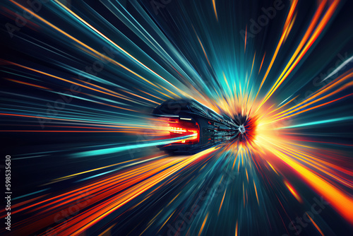 Futuristic spaceship moving in hyperspace with light speed (Generative AI) photo