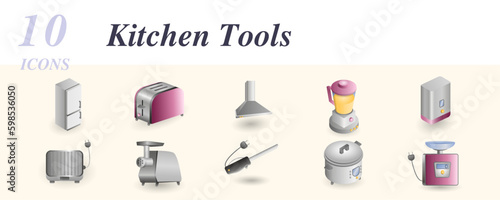 Kitchen tools set. Creative icons: fridge, toaster, cooker hood, juicer, water heater, electric grill, meat grinder, electroknife, multicooker, electronic balance.