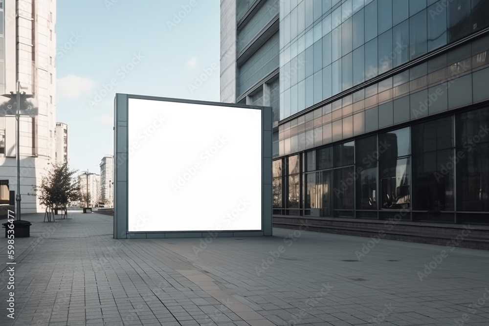 empty white advertising banner mockup in the city street. Generative AI empty white advertising banner mockup in the city street. Generative AI