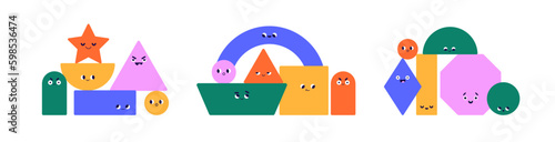 Cute geometry characters. Geometric shapes teams set. Funny figures groups compositions. Abstract creative squares, rectangles with faces. Flat graphic vector illustration isolated on white background